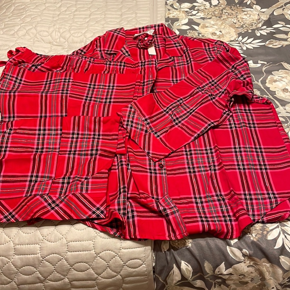 Victoria’s Secret plaid pajamas with scrunchie